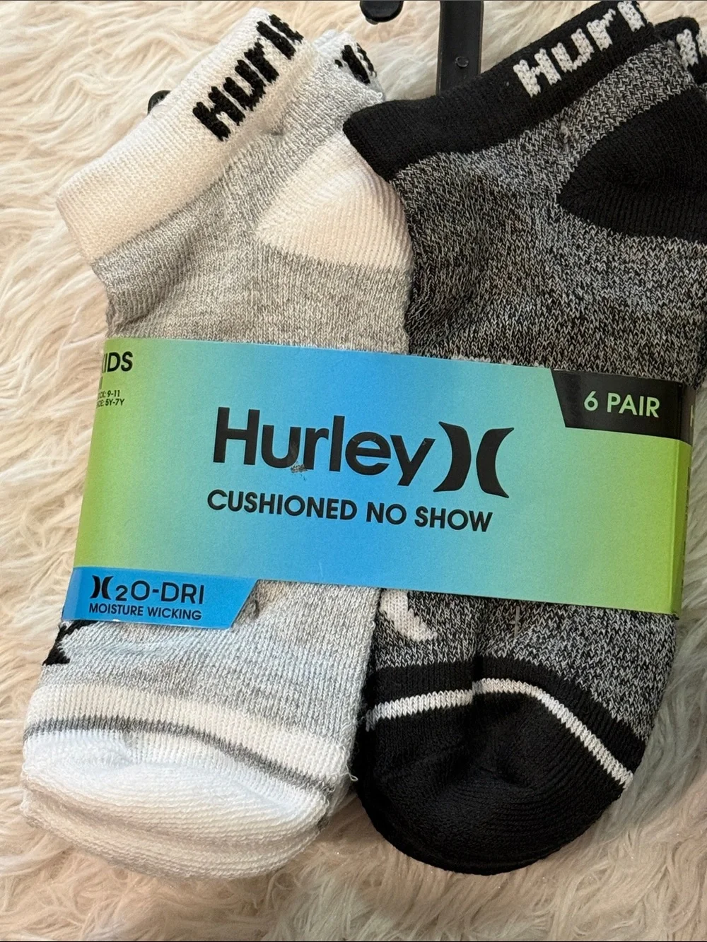 Hurley Kids Cushioned No Show Socks - Black, Gray, White 6pk